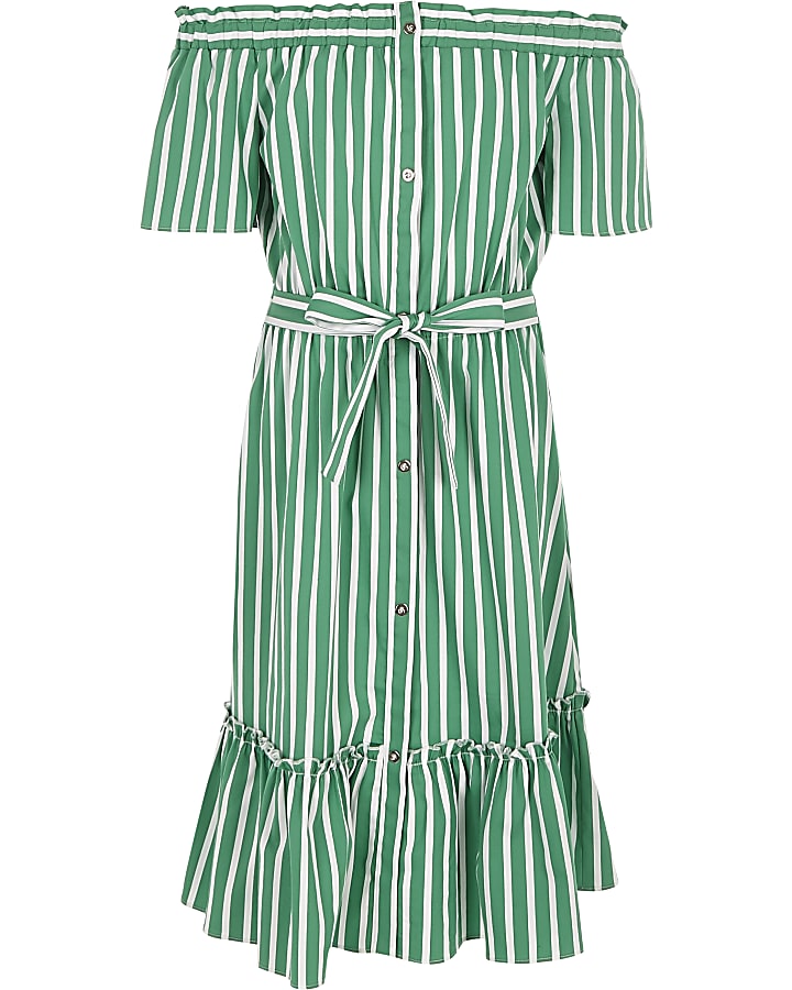 Girls green stripe belted bardot dress
