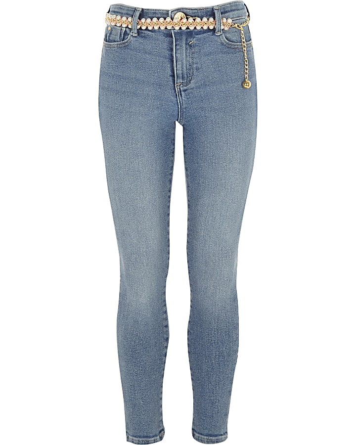 Girls blue Amelie frayed belted skinny jeans