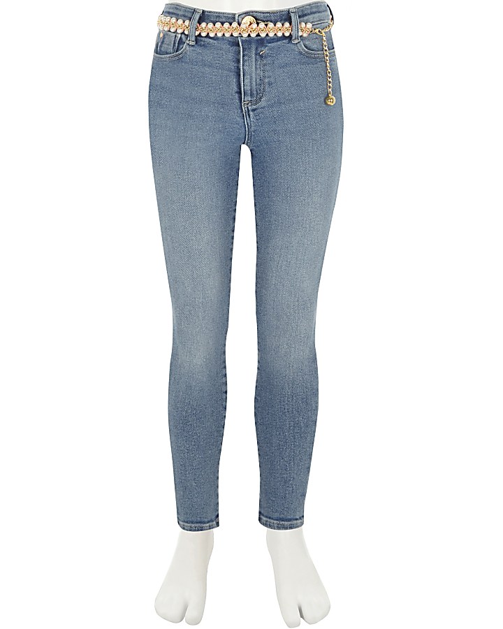 Girls blue Amelie frayed belted skinny jeans