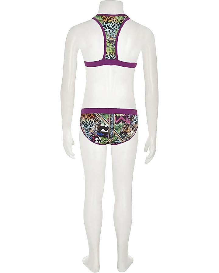 Girls purple print three piece bikini set
