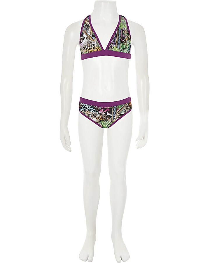 Girls purple print three piece bikini set