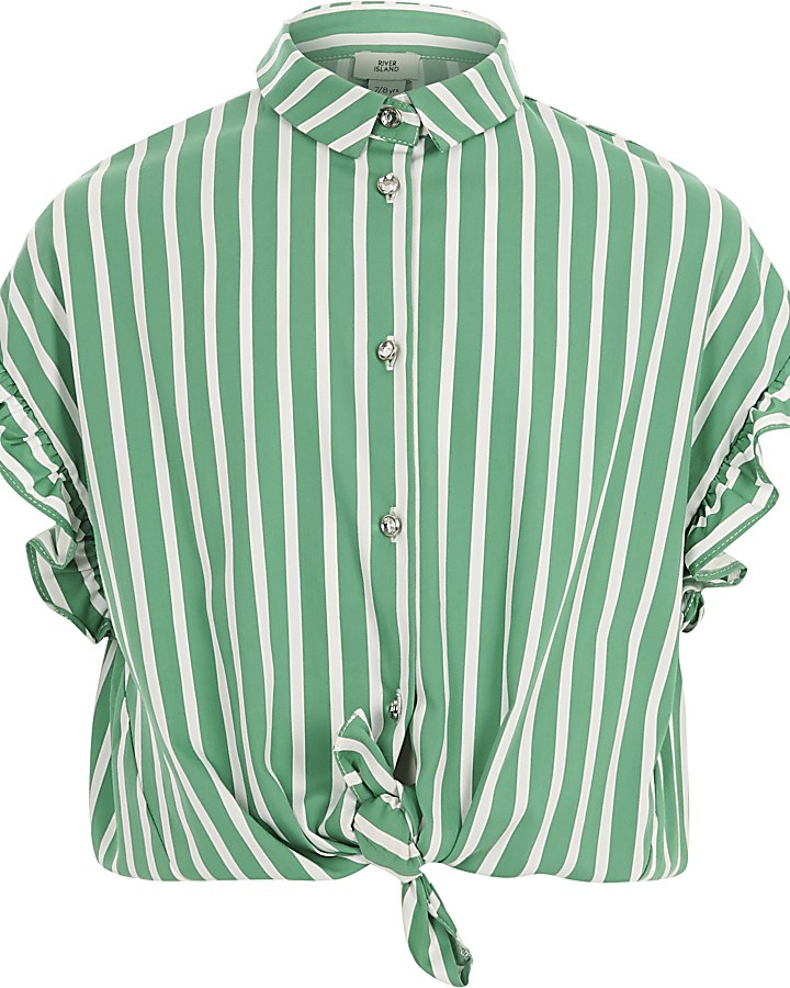 Girls green stripe frill sleeve shirt
