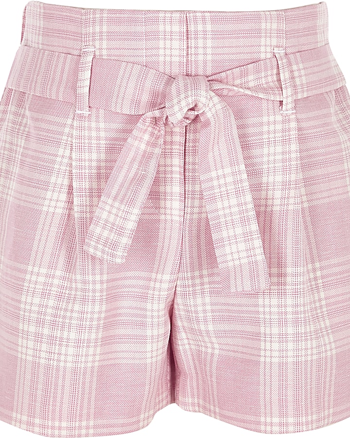 Girls pink check tie waist short