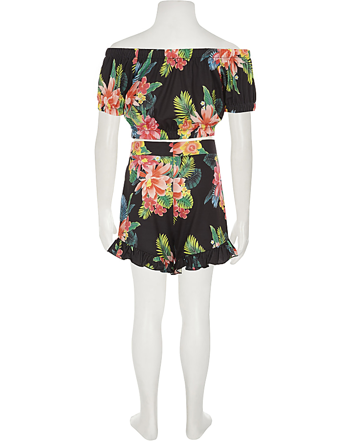 Girls black tropical print shorts outfit