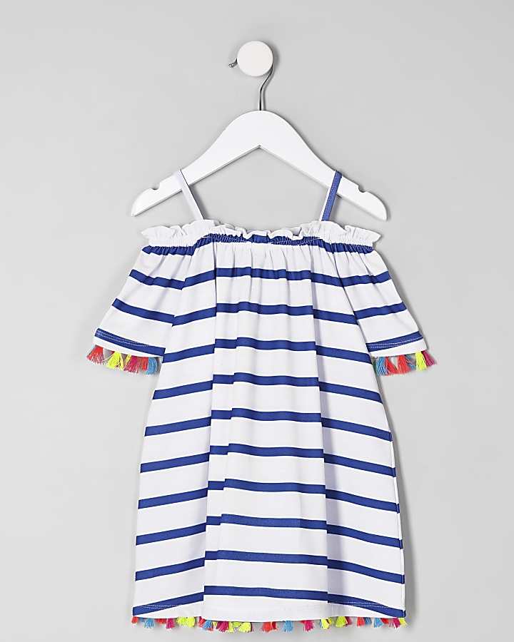 Mini girls white stripe trapeze dress