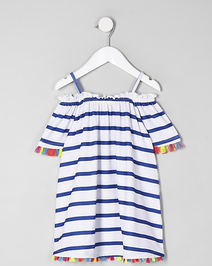 Mini girls white stripe trapeze dress