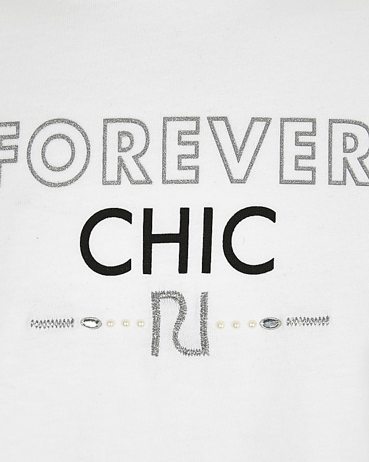 Girls white ‘forever chic’ frill side T-shirt