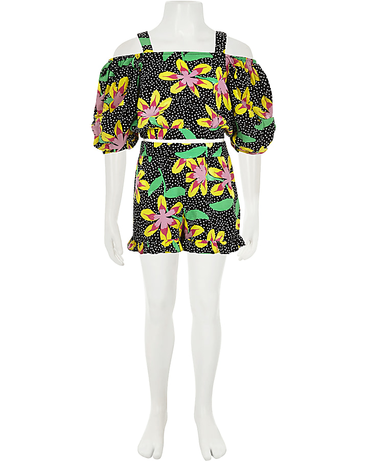 Girls black floral bardot crop top outfit
