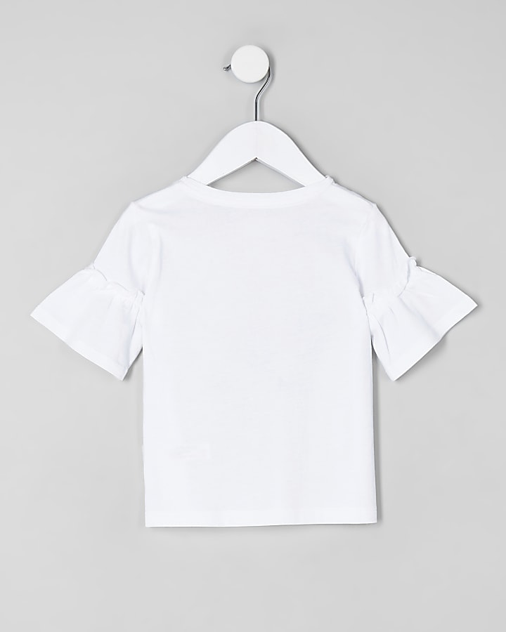 Mini girls white frill sleeve unicorn T-shirt