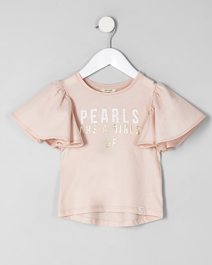 Mini girls pink ‘pearls’ frill sleeve T-shirt
