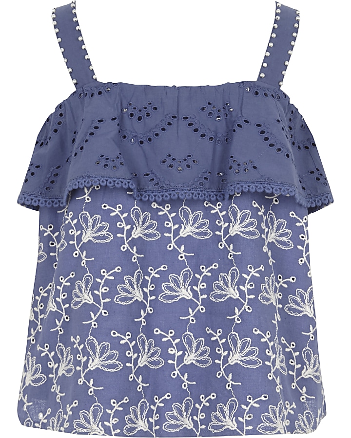 Girls blue pearl tiered frill cami top