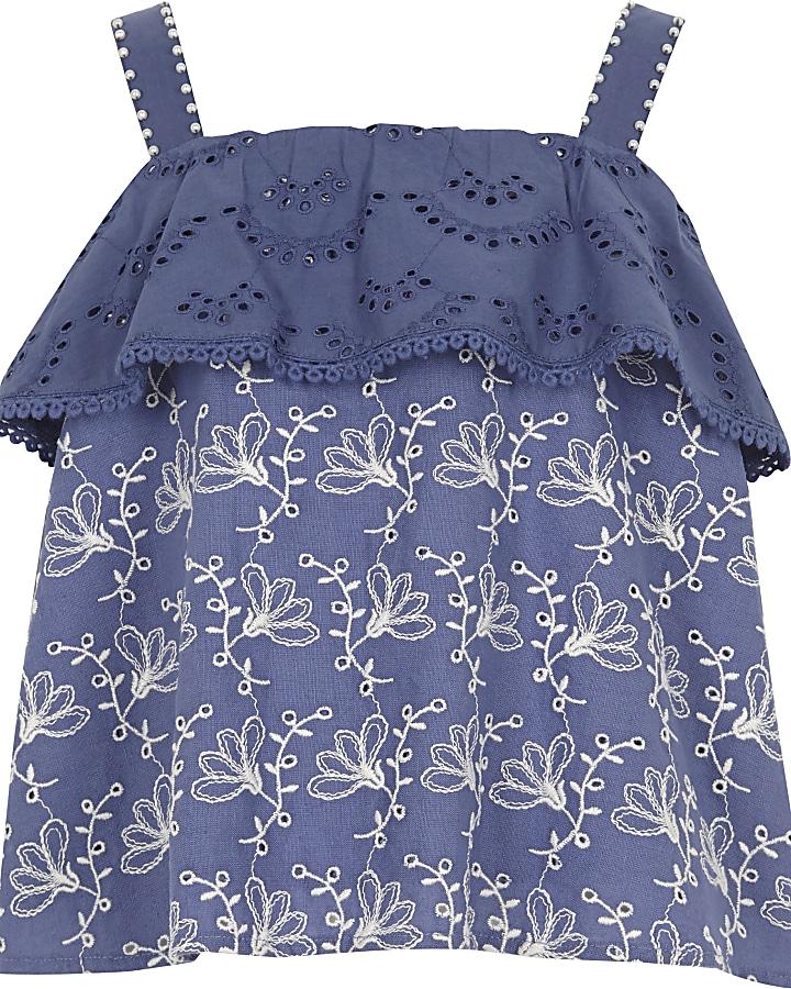 Girls blue pearl tiered frill cami top
