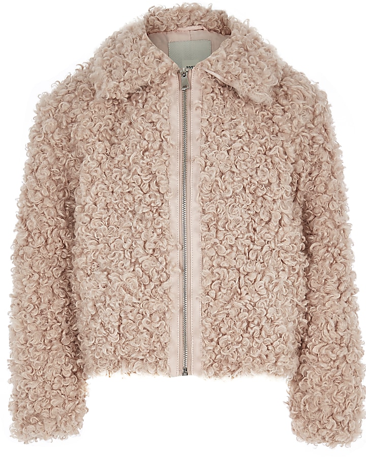 Girls pink faux fur zip up jacket