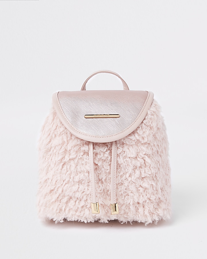 Girls pink faux fur drawstring backpack