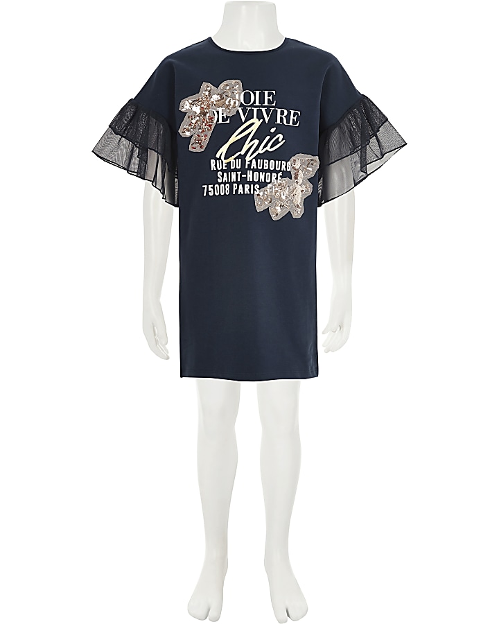 Girls navy  frill lace T-shirt dress