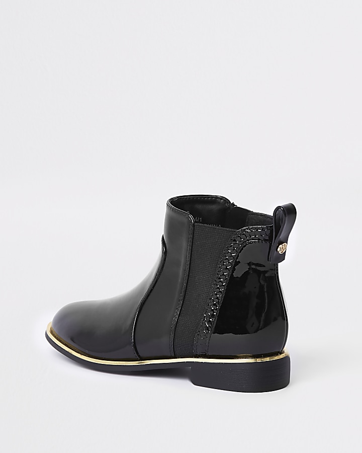Girls black croc panel patent boots