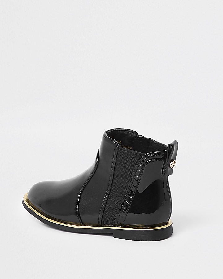 Mini girls black croc panel patent boots