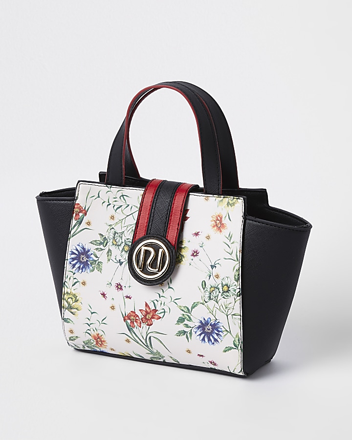 Girls black floral print winged RI tote bag