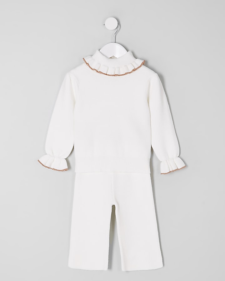 Mini girls cream knit roll neck outfit