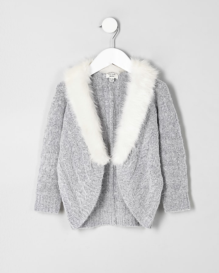 Mini girls grey cable knit faux fur cardigan