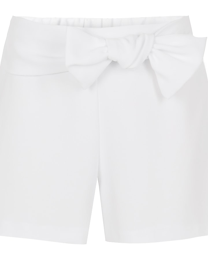 Girls white bow front shorts