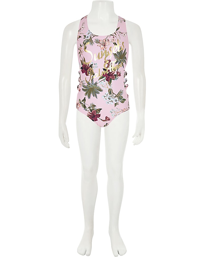Girls pink floral ‘sunsets’ bow side swimsuit