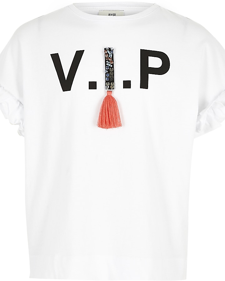 Girls white ‘VIP’ frill sleeve T-shirt