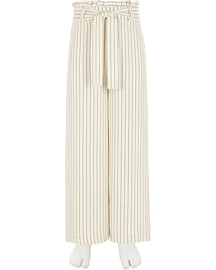 Girls cream stripe paperbag waist trousers