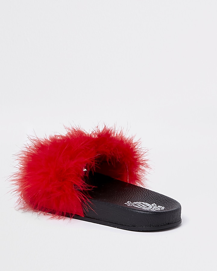 Girls red feather sliders