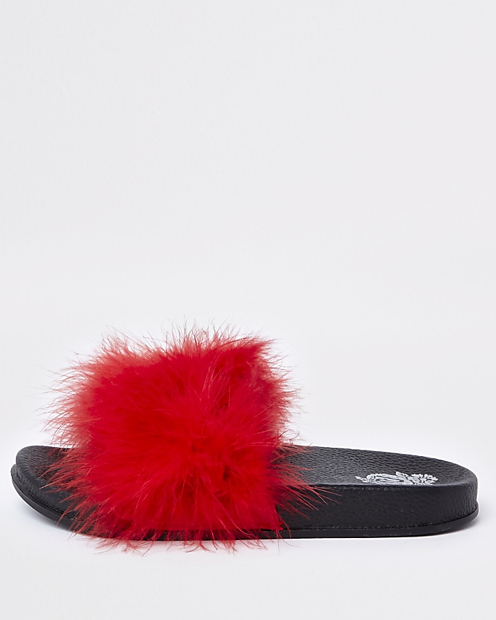 Girls red feather sliders