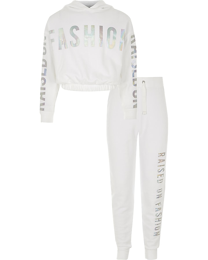 Girls white ‘raised on fashion’ hoodie outfit