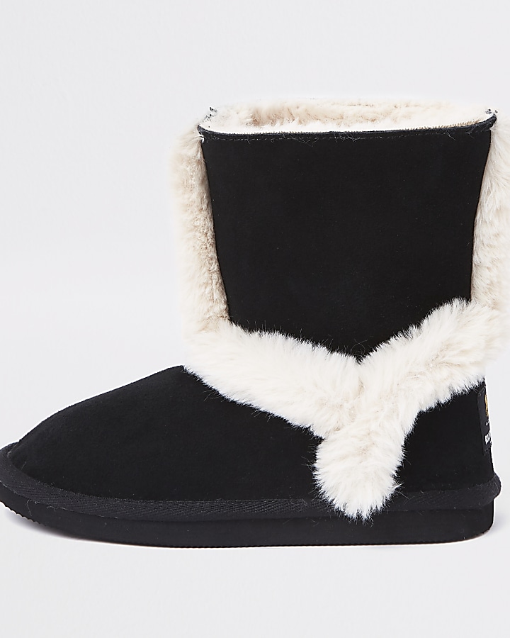 Girls black suede faux fur lined ankle boots