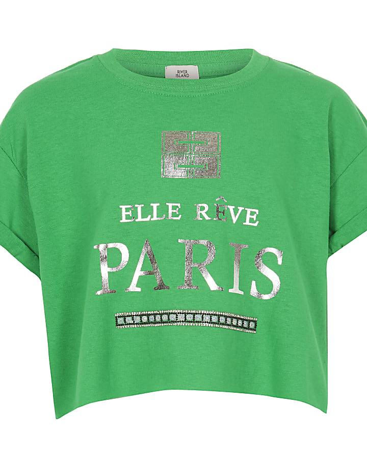 Girls green ‘Paris’ crop T-shirt
