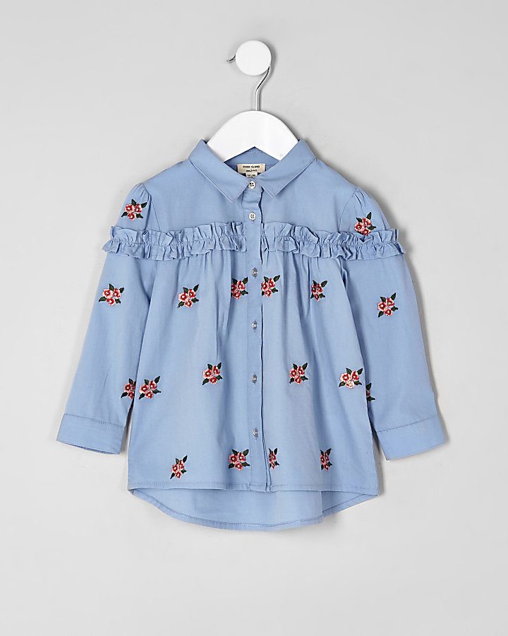 Mini girls blue poplin floral shirt