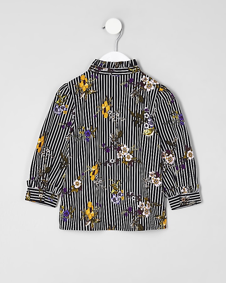 Mini girls navy poplin stripe floral shirt