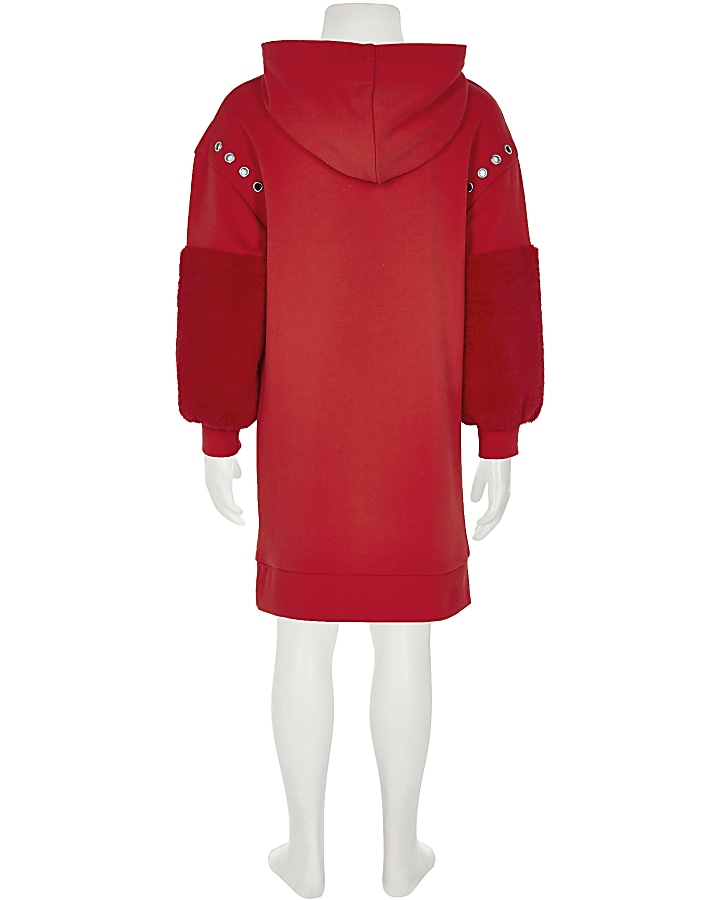 Girls red faux fur sleeve hoodie dress