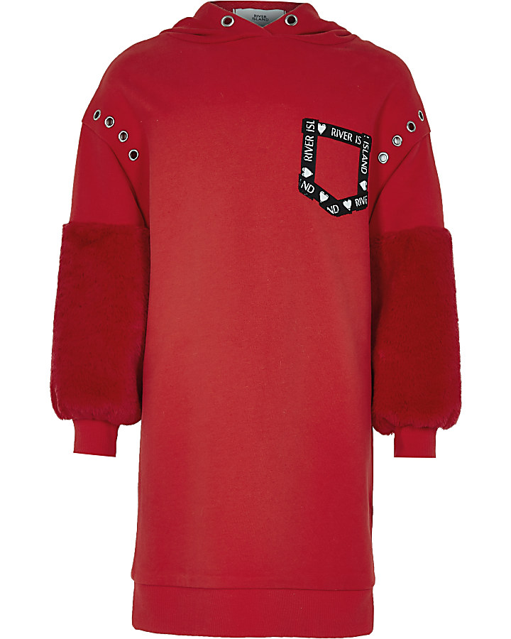 Girls red faux fur sleeve hoodie dress
