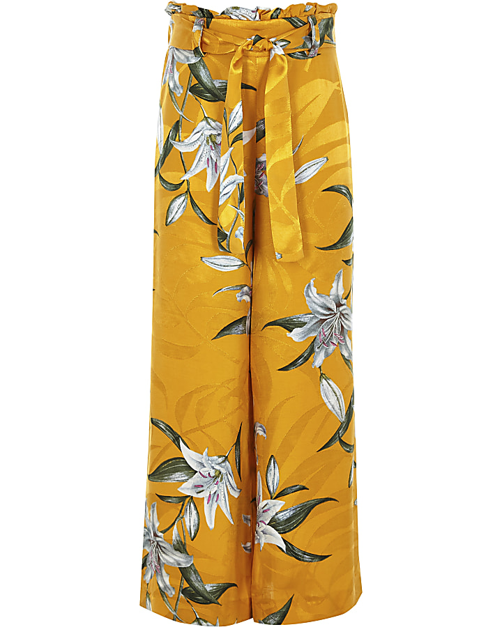 Girls yellow floral paperbag waist trousers