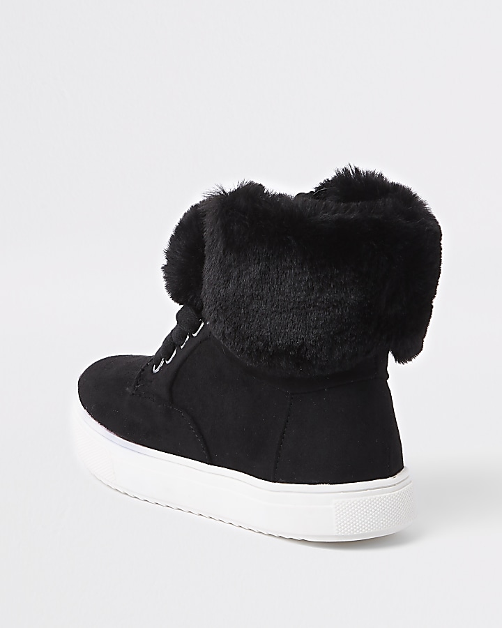 Girls black faux fur high top trainers