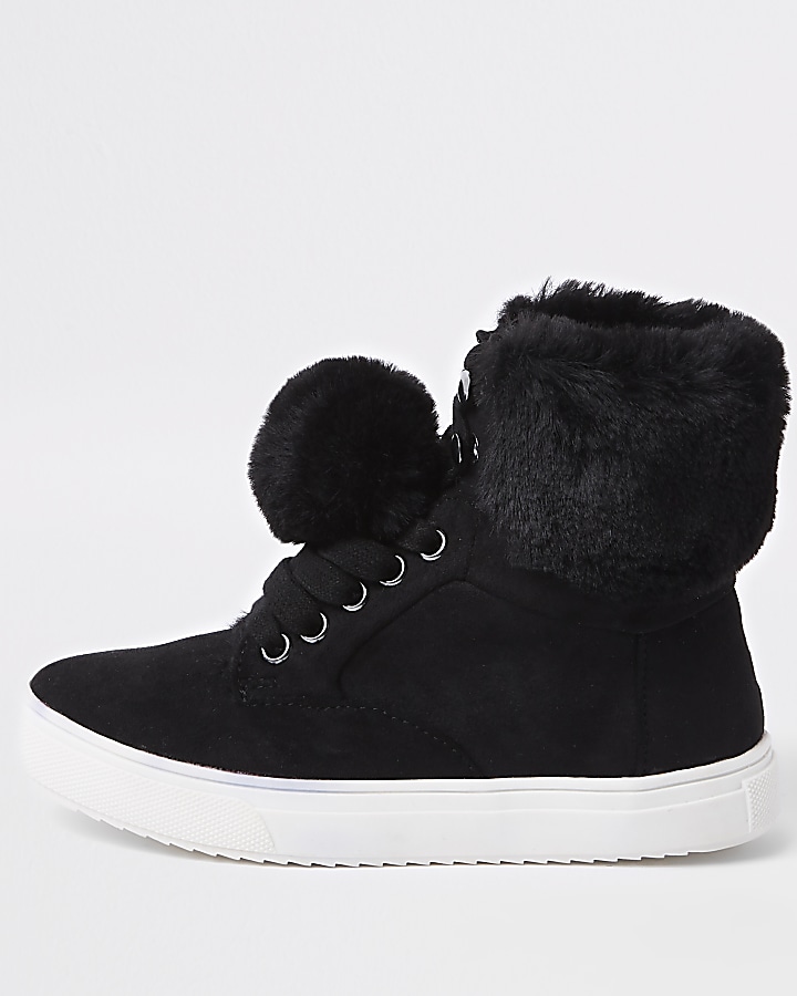 Girls black faux fur high top trainers