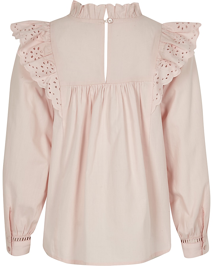 Girls pink broderie long sleeve blouse