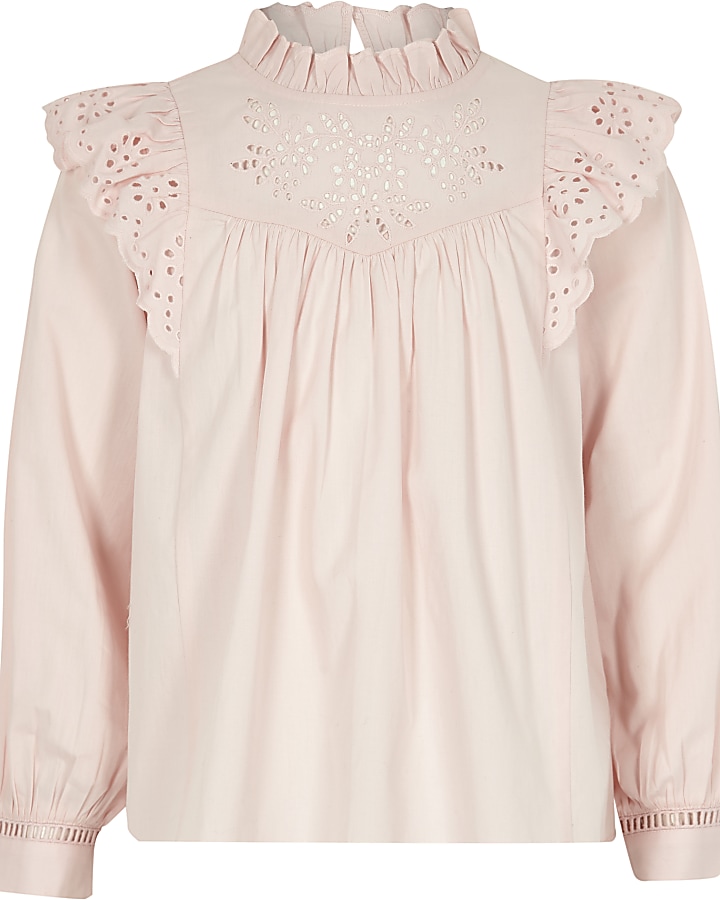Girls pink broderie long sleeve blouse