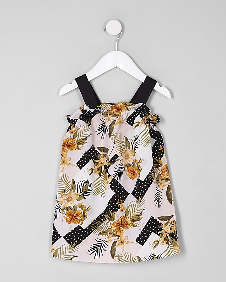 Mini girls black floral print trapeze dress
