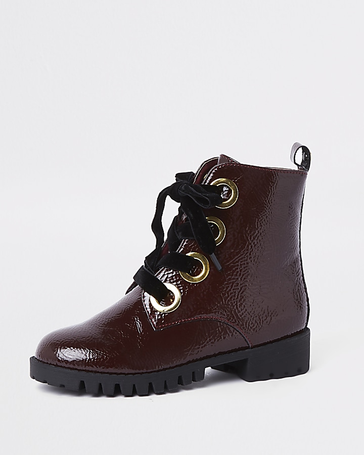 Girls red chunky eyelet boots