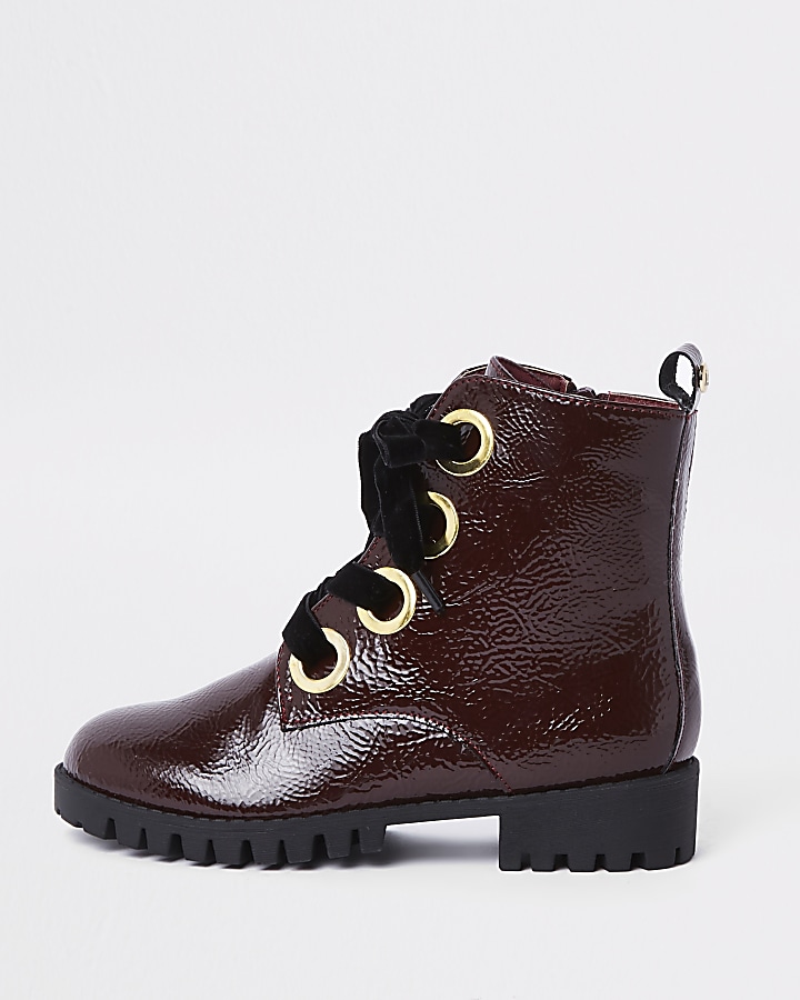 Girls red chunky eyelet boots
