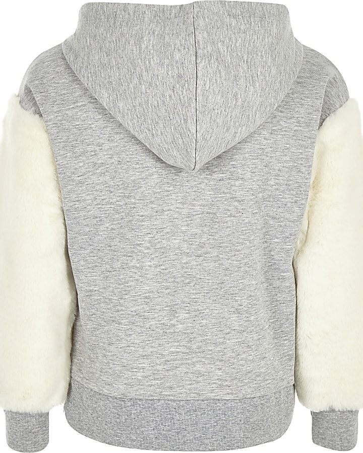 Girls grey faux fur sleeve zip-up hoodie
