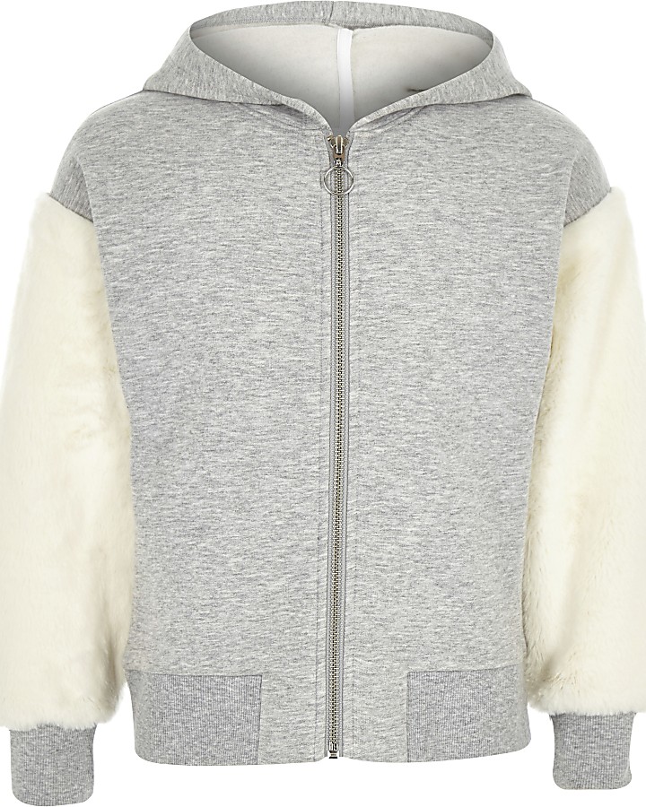 Girls grey faux fur sleeve zip-up hoodie