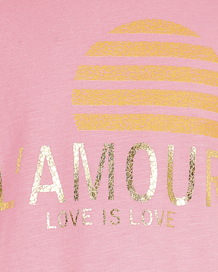 Girls pink ‘L’amour’ tassel trim T-shirt