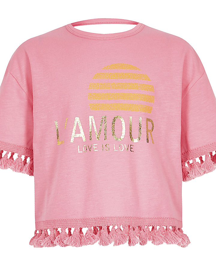 Girls pink ‘L’amour’ tassel trim T-shirt
