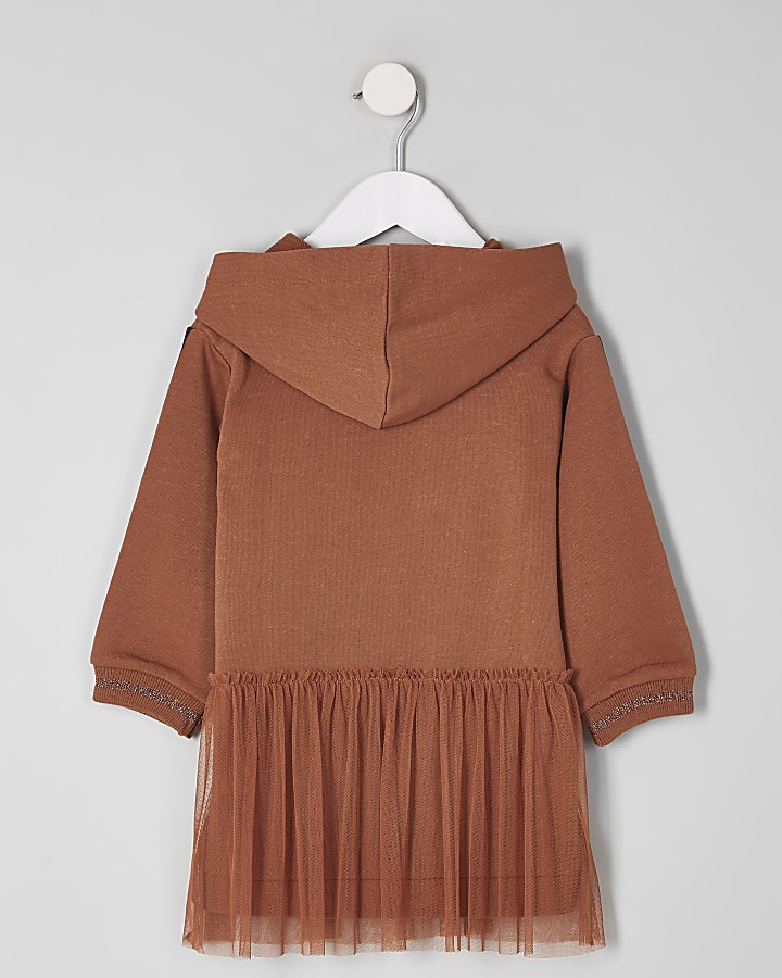 Mini girls rust ‘luxury’ mesh hem sweat dress